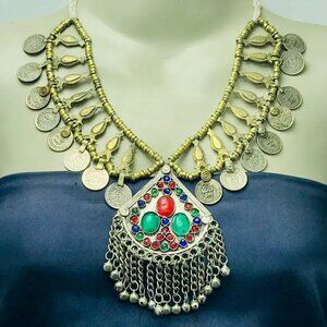 Handmade Afghan Tribal Necklace with Vintage Coins and Colorful Stones